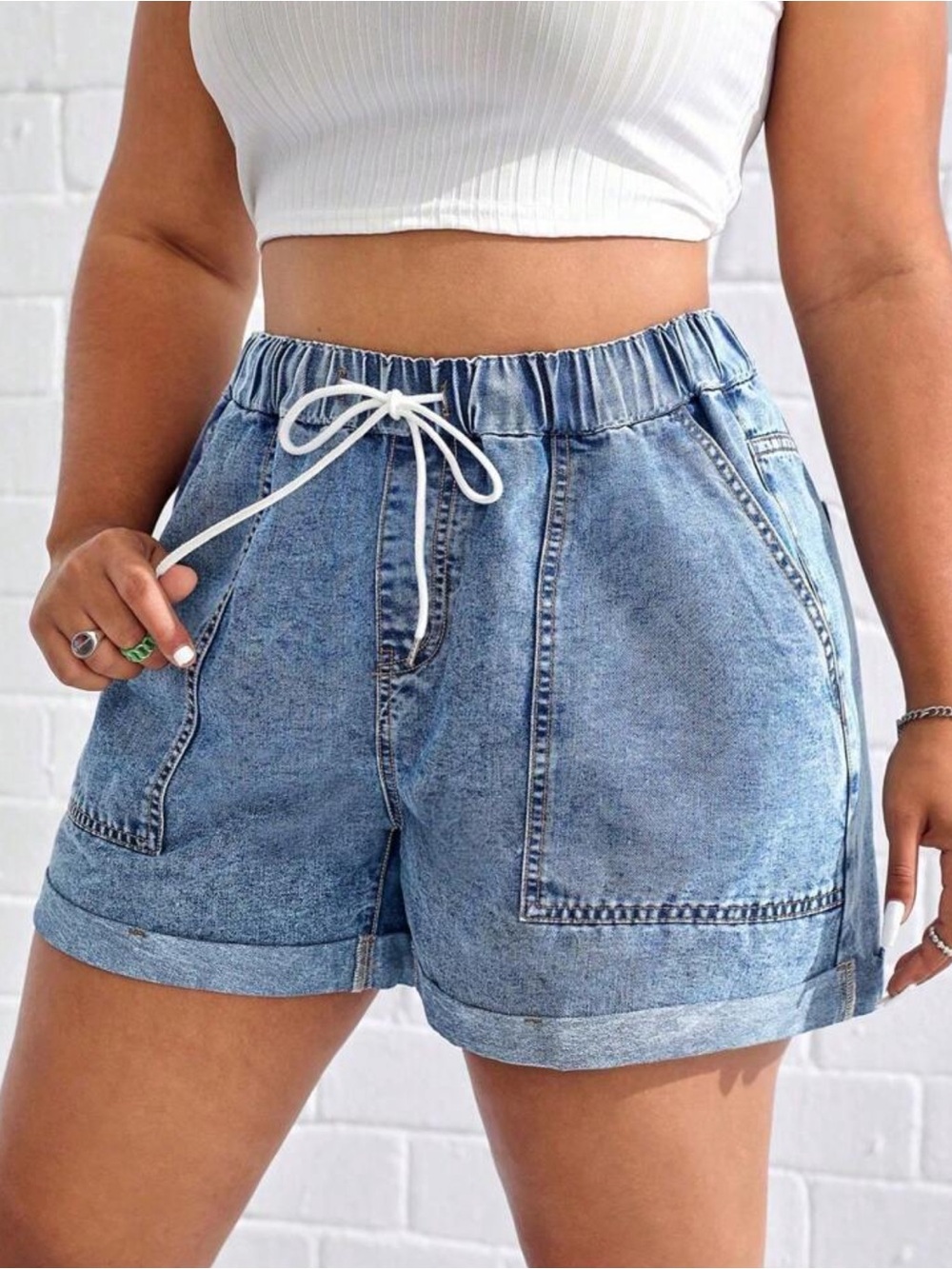 ICON Plus Drawstring Waist Roll Up Hem Denim Shorts